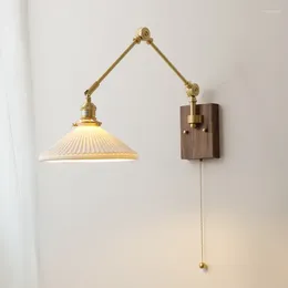 Wall Lamp Ceramic Walnut Wood Bedside Nordic Bedroom Desk Silent Wind Brass Long Swing Arm Adjustable