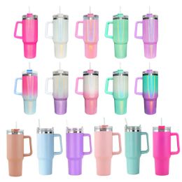 Popular 40 oz Tumbler With Handle Lid and Straw Insulated Rainbow Paint Stainless Steel Travel Mug Iced Coffee Cups With Logo 1029