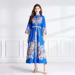 Lantern Sleeve Blue Women Maxi Dress Robe Luxury Designer Stand Collar Slim Vacation Bohemian Dresses 2023 Autumn Winter Elegant Runway Vacation Party Frocks