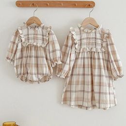 Girl Dresses Autumn Spring Kids Princess Long Sleeved Cotton Lattice Baby Girls Rompers Sister Clothing Party Dress