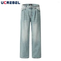 Men's Jeans Autumn Winter Washed Retro Blue Denim Pants Mens Streetwear Loose Wide Leg Distressed Straight-leg Men