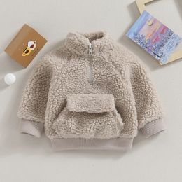 Пуловер для маленьких мальчиков и девочек, флисовая толстовка с капюшоном, зимняя толстовка с длинными рукавами и воротником-стойкой, куртка с карманом для малышей 231027