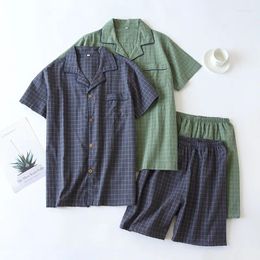 Men's Sleepwear Home Pantalon Plaid Thin Simple Pyjamas Cotton Japanese Suit Shorts Washed Pijama Short-sleeved Service Summer Hombre