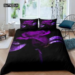 Bedding Sets Rose Duvet Cover Set Women Chic Purple Floral Print Romantic Flowers Glitter King Size Comforter For Couples