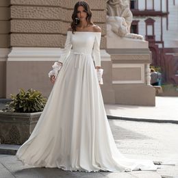 2024 Off-Shoulder-trägerloses rückenfreies Brautkleid mit langen Ärmeln A-Linie aus weichem Satin, elegantes Sweep-Zug-Brautkleid Vestido de Novia