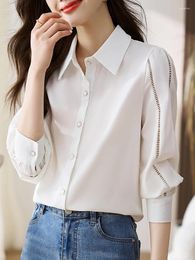 Women's Blouses QOERLIN Hollow Out Long Sleeve White Shirts Women Spring Fall 2024 Turn-Down Collar Button Up Tops Blouse Office Ladies