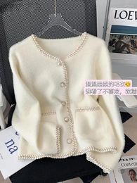 Women's Knits Elegant O-neck Single-breasted Pearl Buttons Pocket Knitted Sweater Korean Fashion Loose Hit Colour Imitation Mink Velvet