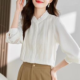 Women's Blouses 2023 Autumn Stand Collar Women White Shirt Lantern Sleeve Hollow Out Blouse Elegant Fashion Office Lady Tops