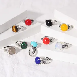 Cluster Rings 12mm Natural Stone Beads Finger Ring Silver Color Tiger Eye Adjustable Colorful Female Reiki For Women Jewelry Gift