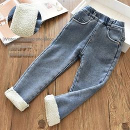 Overalls 2 13 Years Toddler Baby Winter Jeans Children Thick Velvet Warm Denim Pants for Girls Slim Leggings Kids Blue Fleece Trousers 231027