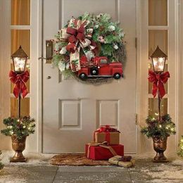 Decorative Flowers Red Truck Christmas Wreath For Front Door Farmhouse Decors Home Welcome Retro Plaid Bow-Knot Trees