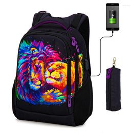 School Bags Orthopaedic Bag For Girls 3D Tiger Animal Prints Backpacks USB Charging Multifunctional Bagpack Teenagers Bookbag Mochilas