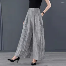 Women's Pants Women Vintage Cotton Linen Elastic Waist Wide Leg Trousers Female Casual Solid Loose Cropped Plus Size Clothing Q427