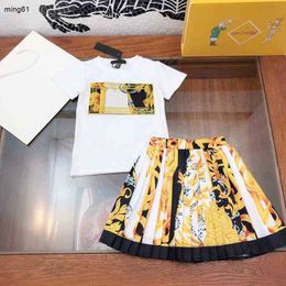 Brand Clothes For Kids Girls Sets Summer Short Sleeve T-shirt Children Top+Pleated Skirt 2Pcs Outfit Baby Suit