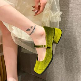 Dress Shoes Mary Janes Women Golden Velvet Square Toe College Style Casual Pumps Fashion Shallow Buckle High Heel