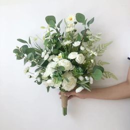 Wedding Flowers Artificial Bridal Bouquet White Silk Rose And Green Leaves Bouquets For Bride Handmade Buque De Noiva