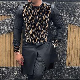 Ethnic Clothing Muslimn Men Clothes 2023 Fashion Printed Dashiki Leopard Black T-shirt Long Sleeve Casual Tee Tops Male Muslim Luxury Blouse