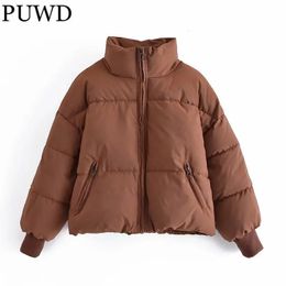 Womens Down Parkas PUWD Women Brown Puffer Parka Winter Fashion Lady Casual Thick Stand Collar Cotton Jacket Female Zipper Oversize Outerwear 231027