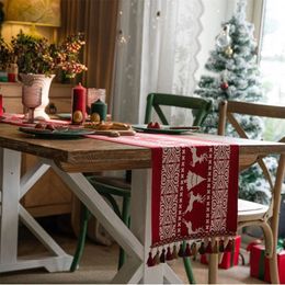 Table Runner Christmas Snowman Printing Tablecloth Christmas Elk Printing Table Runner with Tassels Home Holiday Festival Xmas Table Decor 231027