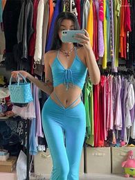 Women's Two Piece Pants Y2K Streetwear Sexy Bandage Blue Co-ord Suits 2000s Fashion Drawstring Halter Top And High Waist Flare 2 Set