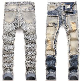 Новые поступления, мужские рваные джинсовые брюки, обтягивающие эластичные мужские синие джинсовые брюки, лоскутные потертые женские джинсы, размер ткани 28-40