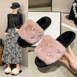 New Style Plush Flat Bottom Slippers for Women's Fashion, One Line Mop for Home Use, Large Fur, Pearl, and Open Cotton Slippers 231015