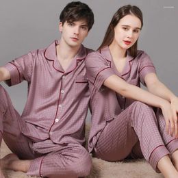 Men's Sleepwear High Quality Couple Pyjamas Suit Summer Short Sleeve Long Pant Home Cloth Men Ice Silk Thin Satin Large Size Set Women