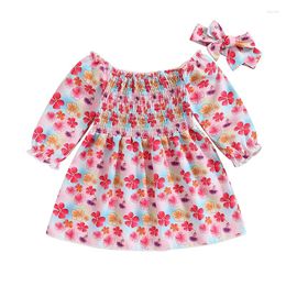 Girl Dresses Pudcoco Kids Girls Dress Flower Print Boat Neck Long Sleeve Fall Fashion Casual Princess With Bowknot Headband 6M-4T