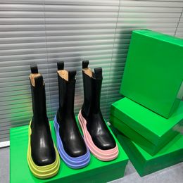 Designer Women Tyre Boots Genuine Leather Crystal Outdoor Martin Ankle Booties Fashion Non Slip Platform Boots Green Sole Rubber Round Triple Black Ebony Boot Shoes