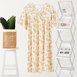 Women's Sleepwear Women Floral Cotton Nightdress Sexy V-Neck Nightgown Knee-Length Loose Sleepshirts Casual Underwear Short Sleeve Home