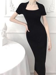 New Autumn French Vintage Hepburn Style Small Black Dress Square Neck Sexy Open Collar Tight Knit Dress Wrapped Hip Split