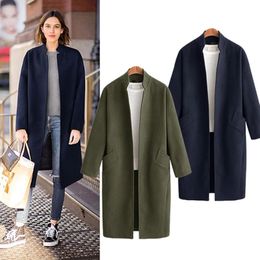 Women's Wool Blends Army Green Standing collar Coat Women Pocket Casual Long Sleeve Autumn Winter Outerwear Oversize Trench 231027