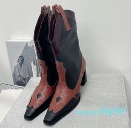 western style special heeled mid-calf boots mixed ostrich leather slip-on snip toe shoes cowboy half boot ankle luxury