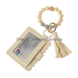 Us Stock Pu Leather Bracelet Wallet Keychain Party Favour Tassels Bangle Key Ring Holder Card Bag Sile Beaded Wristlet Keychains Drop D Dhdlv