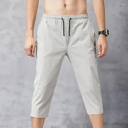 Men's Pants Solid Color Capri Elastic Waist Men Drawstring 3/4 Length Stretchy Cropped Trousers Sweatpants