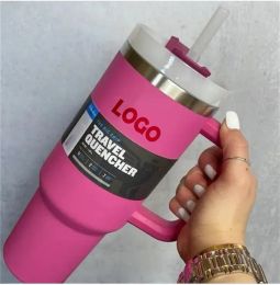 1pc Pink 40oz stainless steel tumbler with Logo handle lid straw big capacity mug water bottle powder coating outdoor camping cup vacuum insulated drinking 1028i