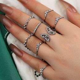 8 Piece/Set Women Bohemian Rings Ethnic Style Retro Hollow gemstone butterfly Joint Rings Fashion Jewelry