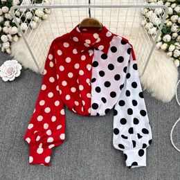 Women's Blouses Autumn 2023 Vintage Style Lantern Long Sleeve Contrast Polka Dot Shirt Western Lazy Loose Top Korean