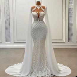 Gorgegous Pearls Wedding Dresses Lace Long Sleeves Bridal Gowns Sheer Plunging Neckline Sweep Train Beaded Vestido De Novia