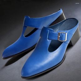 Slippers Noble Blue Trendy Men's Half High-heeled Shoes Summer Close Toe Open Back Heels Man Casual Heightened Mules