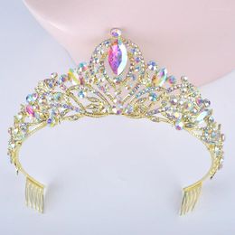 Hair Clips Gold Colour Wedding Tiara For Bride Crystal Rhinestones Women AB Crowns With Comb Bridal Headpiece Jewellery Diadema Gift