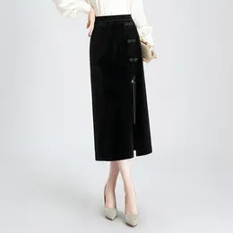 Skirts Vintage Chinese Button High Waist Pleuche Bodycon Black Skirt Fall Winter Women Elegant Slim Split Long Office Lady 22897