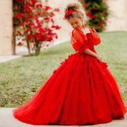 Girl Dresses Red Flower Dress Puff Sleeves Girls Princess Wedding Party Long Appliques Formal Gown For Toddlers