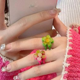 Cluster Rings Unique Design French Childlike Flowers Resin Women's Colorful Patterns Lovely Ring Girls Summer Personality Jewelry