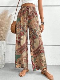 Women's Pants Printed Wide Leg For Women Drawstring Leace-up Bohemian Style Loose Long Pant Lady Fashion Streetwear Casual Trousers