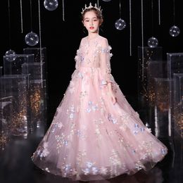Luxurious Pink Flower 3D Flowers Appliques Embroidered Sheer Neck Crystals Little Girl Wedding Dresses Frist Hloy Communion Pageant Gowns 403