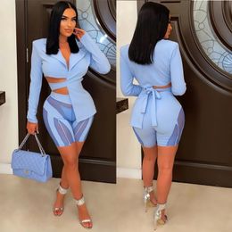 Two Pieces Set Women Casual Outfit Cocktail Prom Gowns Solid Blazer Suit Club Outfits Long Sleeve Lace Up Bandage Asymmetrical Top Sheer Mesh Patchwork Shorts Blue