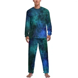 Men's Sleepwear Galaxy Print Pyjamas Men Blue Nebula Space Lovely Nightwear Spring Long Sleeves 2 Pieces Room Graphic Set