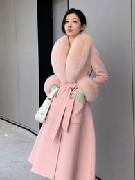 Womens Wool Blends Women Winter Woollen Coats Fur Collar Scarf Cuff Set Warm Fashion Luxury Overcoat Scarves Shawls Female Elegant Solid Thick Coats 231027