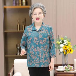 Women's Blouses Floral Blouse For Middle Age Women 3/4 Sleeve Turn Down Collar Casual Shirt Mother Tops 5XL